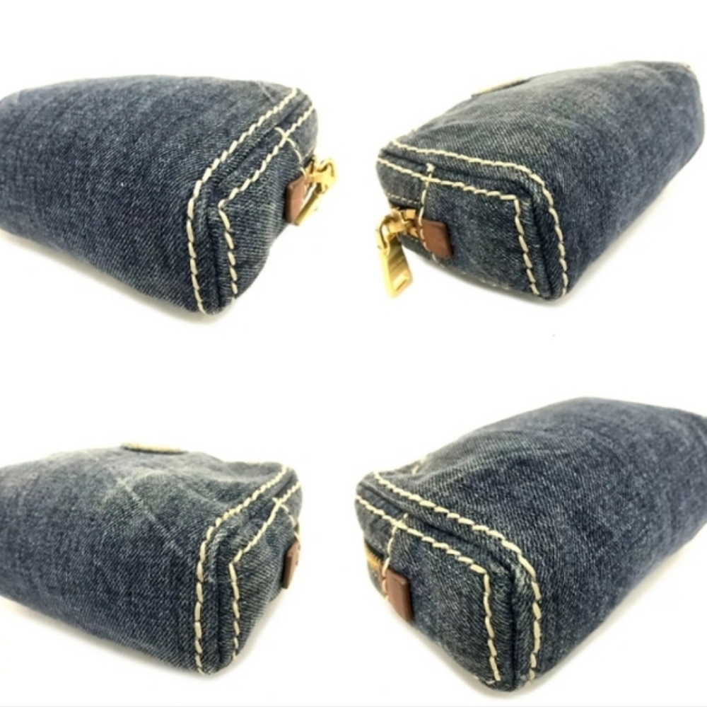 PRADA LOGO PLATE DENIM COSMETIC POUCH BAG BLUE - Picture 4 of 12